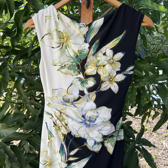 Lauren Ralph Lauren Size Sheath Dress Floral Ruched Stretch Black Sleeveless 2 - Picture 3 of 11